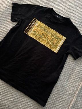 Versace Black Tee with Gold Baroque Logo Panel